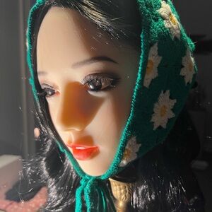 Hand Crocheted Floral Green Knit Head Scarf- New